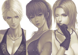Rule 34 | 3girls, breasts, christie (doa), cleavage, dead or alive, dead or alive 5, gloves, hayate (leaf98k), jewelry, kasumi (doa), large breasts, long hair, monochrome, multiple girls, necklace, short hair, tecmo, tina armstrong