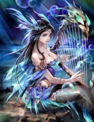 Rule 34 | 10s, 1girl, armlet, bare shoulders, black hair, blue eyes, breasts, bubble, cleavage, closed mouth, detached sleeves, eriya-j, gem, hair ornament, harp, instrument, jewelry, large breasts, lipstick, long hair, looking at viewer, makeup, md5 mismatch, mermaid, monster girl, official art, seisen cerberus, sitting, solo, very long hair