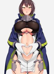 Rule 34 | 1girl, armor, azur lane, baltimore (azur lane), blush, braid, breasts, brown hair, canzume, cleavage, clothing cutout, coat, faulds, fingers together, french braid, from below, garter straps, gloves, hood, hooded coat, large breasts, multicolored coat, navel, open mouth, short hair, simple background, solo, standing, stomach cutout, textless version, thighs, underboob cutout, white background, white gloves, yellow eyes