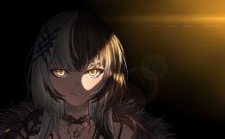 Rule 34 | absurdres, dark background, hair ornament, highres, hololive, hololive english, honkivampy, light rays, looking at viewer, multicolored hair, neck tattoo, serious, shiori novella, short hair, tattoo, two-tone hair, virtual youtuber, yellow eyes