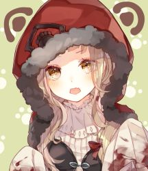 Rule 34 | + +, 1girl, animal ears, blonde hair, blood, blood on clothes, blush, bow, eyes visible through hair, fur trim, green background, hair bow, hood, hood up, long hair, long sleeves, looking at viewer, mcmcmococo, open mouth, red bow, red hood, red riding hood (sinoalice), sidelocks, simple background, sinoalice, sleeves past fingers, sleeves past wrists, solo, upper body, wavy hair, yellow eyes
