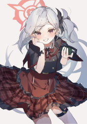Rule 34 | 1girl, :d, absurdres, black shirt, blue archive, explosive, grenade, grey background, grey hair, halo, higa (gominami), highres, long hair, looking at viewer, mutsuki (blue archive), open mouth, plaid, plaid skirt, ponytail, red eyes, red skirt, shirt, short sleeves, side ponytail, simple background, skirt, smile, solo, thigh strap