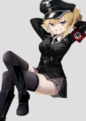 Rule 34 | 1girl, arms behind head, blonde hair, blue eyes, boots, breasts, grin, highres, large breasts, legs, looking at viewer, military, naughty face, nazi, ponytail, skirt, smile, solo, thighs, umineko no naku koro ni, ushiromiya jessica