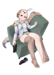 Rule 34 | 1girl, antenna hair, apron, arm at side, arm rest, armchair, beleven, belt, black footwear, breast pocket, brown eyes, brown hair, brown thighhighs, buttons, cardigan, chair, closed mouth, collared shirt, drawstring, feet, from above, half-closed eyes, hand up, highres, holding, holding shoes, hood, hood down, hooded cardigan, kemono friends, legs, light brown hair, long sleeves, looking at viewer, lying, medium hair, multicolored hair, necktie, no shoes, on back, on chair, open cardigan, open clothes, paid reward available, pale-throated three-toed sloth (kemono friends), pocket, pulling own clothes, shirt, shirt tucked in, shoes, unworn shoes, short shorts, shorts, simple background, smile, solo, thighhighs, thighhighs pull, toes, twitter username, undressing, untucked shirt, waist apron, white background, white shirt, wing collar