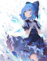 Rule 34 | 1girl, alternate costume, blue bow, blue eyes, blue hair, blue skirt, bow, cirno, commentary request, cowboy shot, falken (yutozin), hair between eyes, hair bow, hands on own chest, high-waist skirt, highres, ice, ice wings, own hands together, parted lips, petticoat, puffy short sleeves, puffy sleeves, shirt, short hair, short sleeves, skirt, solo, standing, suspender skirt, suspenders, touhou, white background, wings