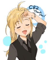 Rule 34 | 1girl, :d, ahoge, artoria pendragon (fate), bad id, bad pixiv id, blonde hair, bracelet, fate/zero, fate (series), formal, jewelry, long hair, necktie, open mouth, ponytail, saber (fate), smile, solo, umishima senbon, vest, waistcoat, wiping sweat