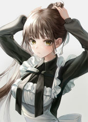 Rule 34 | 1girl, absurdres, adjusting hair, apron, arms up, black bow, black bowtie, black dress, blush, bow, bowtie, breasts, brown hair, closed mouth, dress, frilled apron, frills, green eyes, grey background, hair ribbon, highres, large breasts, long hair, long sleeves, maid, myoushun, original, ponytail, ribbon, simple background, solo, tying hair, upper body, white apron