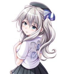 Rule 34 | 10s, 1girl, alternate costume, beret, blue eyes, employee uniform, hat, kantai collection, kashima (kancolle), lawson, long hair, looking at viewer, looking back, pleated skirt, shaft look, shirt, silver hair, skirt, smile, solo, striped clothes, striped shirt, t-shirt, tk8d32, twintails, uniform, vertical stripes