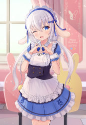 Rule 34 | 1girl, 2021, ;d, animal ears, birthday, hair between eyes, hair ornament, happy birthday, heart, heart hands, highres, hikkyou, looking at viewer, maid, masquerade channel, one eye closed, open mouth, rabbit ears, revision, smile, solo, tenshi nano, virtual youtuber, white hair