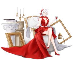 Rule 34 | 1girl, absurdres, alternate costume, breasts, candle, candlestand, chair, chinese commentary, commentary, crossed legs, cup, dress, drinking glass, full body, genshin impact, gloves, hair between eyes, hair ornament, high heels, highres, honkai (series), honkai impact 3rd, indoors, k/a, kiana kaslana, kiana kaslana (herrscher of the void), looking at viewer, picture frame, red dress, red footwear, sitting, solo, white gloves, wine glass, yellow eyes