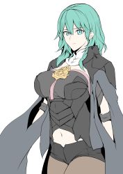 Rule 34 | 1girl, absurdres, armor, black armor, black cape, black shorts, breasts, byleth (female) (fire emblem), byleth (fire emblem), cape, closed mouth, fire emblem, fire emblem: three houses, green eyes, green hair, hair between eyes, halcon, highres, large breasts, long hair, looking at viewer, medallion, navel, nintendo, pantyhose, pauldrons, plackart, short shorts, short sleeves, shorts, shoulder armor, simple background, smile, solo, tassel, thighs, white background
