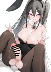 Rule 34 | 1girl, bar censor, bare shoulders, beads, black hair, black leotard, blush, breasts, censored, cleavage, cuff links, detached collar, double w, feet out of frame, futanari, hair between eyes, legs, leotard, long hair, luse maonang, m legs, original, pantyhose, penis, pink eyes, playboy bunny, rabbit ears, rabbit tail, sex toy, sitting, smile, solo, spread legs, teeth, testicles, thighs, twintails, urethral beads, urethral insertion, very long hair, w, white background, wrist cuffs, yuuki nanase