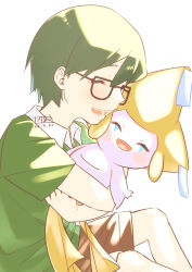 Rule 34 | 1boy, :d, affectionate, blush, brown shorts, closed eyes, commentary request, creatures (company), dated, game freak, gen 3 pokemon, glasses, green hair, green shirt, happy, highres, holding, holding pokemon, hug, jirachi, legendary pokemon, male focus, max (pokemon), mythical pokemon, nintendo, open mouth, pokemon, pokemon: jirachi: wish maker, pokemon (anime), pokemon (creature), pokemon rse (anime), shirt, short hair, short sleeves, shorts, signature, smile, takenaka0229, teeth