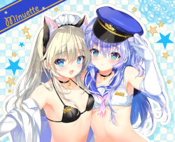 Rule 34 | 2girls, animal ears, bell, bikini, blonde hair, blue eyes, blue hair, blush, breasts, cat ears, elbow gloves, emily (pure dream), eyes visible through hair, fake animal ears, gloves, hat, long hair, looking at viewer, multiple girls, name tag, navel, neck bell, open clothes, open mouth, open shirt, original, sailor collar, shirt, small breasts, swimsuit, upper body, white gloves, white shirt