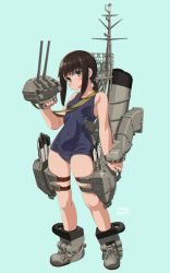 Rule 34 | 1girl, adapted turret, alternate costume, black hair, blue one-piece swimsuit, breasts, cannon, covered navel, dd (ijigendd), fubuki (kancolle), full body, green eyes, highres, kantai collection, low ponytail, one-piece swimsuit, ponytail, rigging, school swimsuit, short ponytail, sidelocks, small breasts, smokestack, solo, standing, swimsuit, torpedo, torpedo launcher, torpedo tubes