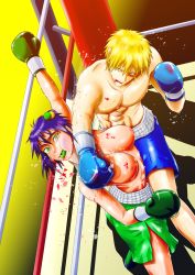 Rule 34 | 1boy, 1girl, battle, beaten, beating, blonde hair, blood, blue hair, boxing, boxing ring, breasts, bruise, defeat, fighting, gloves, green eyes, highres, injury, nipples, punching, short hair, sweat, t178, tears, violence