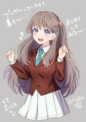 Rule 34 | 1girl, :d, alternate costume, aqua necktie, blazer, brown hair, brown jacket, collared shirt, commentary request, fujishima megumi, grey background, hands up, highres, jacket, link! like! love live!, long hair, long sleeves, looking at viewer, love live!, miniskirt, necktie, open mouth, pleated skirt, purple eyes, ric. (marchen mozuku), school uniform, shirt, signature, skirt, smile, solo, teeth, translation request, twitter username, two side up, upper teeth only, virtual youtuber, white shirt, white skirt