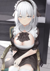 Rule 34 | 1girl, absurdres, black bow, black bowtie, black dress, bow, bowtie, breasts, chair, cleavage, cleavage cutout, clothing cutout, dress, expressionless, frilled dress, frills, grey eyes, highres, large breasts, long hair, looking at viewer, maid, maid headdress, original, parted lips, short sleeves, sitting, solo, thighhighs, white hair, white thighhighs, zettai ryouiki, zukan (db tyoutyo)