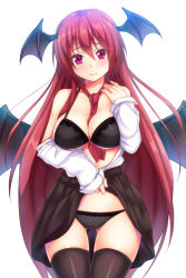 Rule 34 | 1girl, bat wings, between breasts, black bra, black panties, black thighhighs, blush, bra, breasts, cleavage, clothes lift, dress shirt, ebi 193, female focus, head wings, koakuma, large breasts, long hair, looking at viewer, necktie, necktie between breasts, off shoulder, open clothes, open shirt, panties, red eyes, red hair, red necktie, shirt, simple background, skirt, skirt hold, skirt lift, smile, solo, thighhighs, touhou, underwear, very long hair, white background, wings