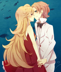 Rule 34 | 10s, 1boy, 1girl, alternate hairstyle, bad id, bad pixiv id, bare shoulders, blonde hair, blush, bow, bowtie, brief (psg), couple, dress, fish, formal, freckles, green eyes, hetero, highres, holding hands, long hair, mugi (twinbox), orange hair, panty &amp; stocking with garterbelt, panty (psg), red dress, short hair, sleeveless, standing, traditional bowtie, tuxedo