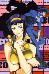 Rule 34 | 1990s (style), 1998, 1boy, 1girl, absurdres, cigarette, cowboy bebop, dated, faye valentine, green eyes, gun, hairband, highres, kawamoto toshihiro, lipstick, makeup, official art, purple hair, retro artstyle, scan, smile, spike spiegel, tagme, weapon