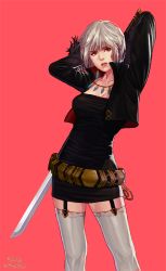 Rule 34 | 00s, 1girl, artist request, belt, boots, breasts, dress, dungeon and fighter, earrings, female slayer (dungeon and fighter), fur trim, garter straps, high heels, jewelry, miniskirt, realistic, red eyes, sheath, shoes, short dress, short hair, simple background, skirt, slayer (dungeon and fighter), solo, sword, sword master, tagme, thighhighs, weapon, white hair, white thighhighs