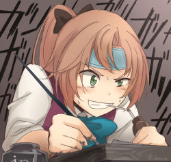Rule 34 | &gt;:), 10s, 1girl, akigumo (kancolle), blush, bow, bowtie, brown hair, clenched teeth, drawing, drinking straw, gradient background, green eyes, grin, high ponytail, ido (teketeke), ink bottle, kantai collection, ponytail, school uniform, shirt, smile, solo, sweat, teeth, twitter username, uneven eyes, v-shaped eyebrows, white shirt