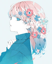 Rule 34 | 1girl, absurdres, anemone (flower), blue eyes, blue flower, blue hair, blue shirt, collared shirt, colored skin, flower, forget-me-not (flower), from side, gradient hair, hair behind ear, hair flower, hair ornament, highres, long bangs, long hair, looking at viewer, multicolored hair, no pupils, nocopyrightgirl, original, pansy, parted lips, pink flower, pink hair, poppy (flower), portrait, shirt, sidelocks, sideways glance, simple background, solo, white background, white flower, white skin