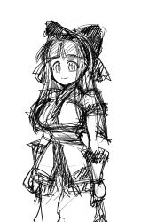 Rule 34 | 1girl, ainu clothes, breasts, curvy, fingerless gloves, gloves, hair ribbon, highres, large breasts, legs, long hair, monochrome, nakoruru, pants, ribbon, samurai spirits, sketch, smile, snk, solo, the king of fighters, thighs