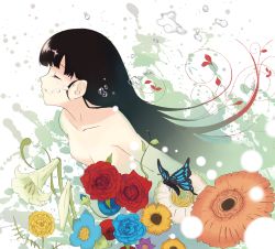 Rule 34 | 1girl, bad id, bad pixiv id, black hair, bubble, bug, butterfly, collarbone, closed eyes, flower, highres, bug, kujou natsume, long hair, no nipples, nude, original, rose, solo, underwater, white background
