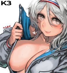 Rule 34 | 1girl, artist name, blush, breasts, character name, cleavage, collarbone, covered erect nipples, e.de.n, girls&#039; frontline, grey eyes, grey hair, hairband, heart, heart print, jacket, k3 (girls&#039; frontline), large breasts, lips, looking at viewer, medium hair, open clothes, open jacket, solo, sweat, sweatdrop, white background, white jacket