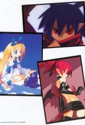 Rule 34 | angry, blonde hair, blue eyes, blue hair, disgaea, etna (disgaea), flonne, happy, harada takehito, highres, laharl, prinny, red eyes, red hair, ribbon, scarf, tail, twintails, wings