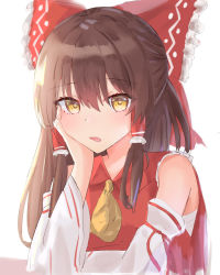 Rule 34 | 1girl, absurdres, ascot, bare shoulders, bow, brown eyes, brown hair, chest sarashi, collared vest, detached sleeves, frilled bow, frills, hair bow, hair tubes, hakurei reimu, hand on own face, highres, long hair, lshiki, open mouth, red bow, red vest, sarashi, sidelocks, simple background, touhou, upper body, vest, white background, white sleeves, wide sleeves, yellow ascot