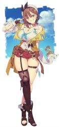 Rule 34 | 1girl, atelier (series), atelier ryza, atelier ryza 2, belt, blush, boots, braid, breasts, brown belt, brown eyes, brown gloves, brown hair, cleavage, crossed legs, flask, full body, gloves, hair ornament, hat, hat ribbon, highres, jacket, jewelry, key, key necklace, large breasts, leather, leather belt, leather gloves, looking at viewer, murata tefu, necklace, partially fingerless gloves, pouch, red shorts, reisalin stout, ribbon, round-bottom flask, short hair, short shorts, shorts, single glove, single sleeve, single thighhigh, sleeveless, sleeveless jacket, smile, solo, thick thighs, thigh gap, thigh pouch, thigh strap, thighhighs, thighs, toeless footwear, white hat, yellow jacket