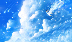 Rule 34 | 1girl, barefoot, black hair, cloud, dress, dutch angle, closed eyes, fantasy, flying, highres, light particles, long hair, low-tied long hair, open mouth, original, outstretched arms, sakimori (hououbds), scenery, shooting star, sky, sleeveless, sleeveless dress, smile, solo, very long hair, white dress, wind