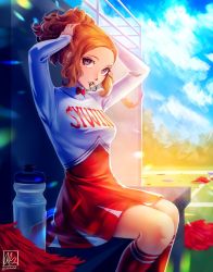 Rule 34 | 1girl, alina l, alternate costume, bottle, bow, breasts, cheerleader, cloud, commentary, english commentary, forehead, hair behind ear, hair tie in mouth, highres, holding, holding own hair, looking to the side, mouth hold, okumura haru, orange hair, orange skirt, persona, persona 5, pom pom (cheerleading), purple eyes, red bow, short hair, skirt, sky, small breasts, solo, tying hair, water bottle