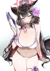 Rule 34 | 1girl, absurdres, animal ear fluff, animal ears, bikini, black hair, blue archive, blush, breasts, cleavage, colored inner hair, flower, fox ears, fox mask, fox tail, hair flower, hair ornament, halo, highres, huge breasts, long hair, looking at viewer, mask, multicolored hair, official alternate costume, red hair, sitting, sketch, solo, sweat, swimsuit, tail, thigh strap, two-tone hair, urosu (678 ner), wakamo (blue archive), wakamo (swimsuit) (blue archive), white bikini, yellow eyes