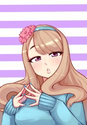 Rule 34 | 1girl, akiosketch, blue nails, blue sweater, fingers together, flower, hair flower, hair ornament, hairband, half-closed eyes, highres, light brown hair, lips, long hair, nail polish, original, parted lips, purple eyes, sleeves past wrists, solo, striped, striped background, sweater, upper body