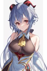 Rule 34 | 1girl, absurdres, ahoge, bare shoulders, bell, blue hair, bodice, bodystocking, bow, breasts, closed mouth, collarbone, commentary, cowbell, cowboy shot, detached sleeves, flower knot, ganyu (genshin impact), genshin impact, goat horns, gold trim, hair between eyes, hair bow, highres, horns, kabi (zcwd8845), large breasts, long hair, looking at viewer, low ponytail, neck bell, red eyes, sidelocks, simple background, solo, standing, vision (genshin impact), white background, white sleeves