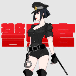 Rule 34 | 10s, 1girl, alternate hairstyle, baton, baton (weapon), belt, black hair, boots, breasts, cleavage, cuffs, earrings, eugenio2nd, female focus, fingerless gloves, gloves, halloween, handcuffs, hat, jewelry, kill la kill, kiryuuin satsuki, large breasts, lipstick, makeup, nightstick, police, police hat, police uniform, red lips, shorts, simple background, solo, stun baton, thigh boots, thighhighs, uniform, weapon