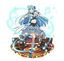 Rule 34 | 1girl, arm strap, asuna (sao-alo), beamed quavers, blue eyes, blue footwear, blue hair, blue necktie, blue ribbon, breasts, choker, cleavage, crop top, crown, detached collar, floating hair, full body, gloves, hair ribbon, holding, holding microphone, idol, kneehighs, layered skirt, leg up, long hair, looking at viewer, medium breasts, microphone, midriff, mini crown, musical note, navel, necktie, outstretched arm, pointy ears, ribbon, short necktie, simple background, skirt, socks, solo, standing, standing on one leg, stomach, strapless, striped clothes, striped skirt, sword art online, vertical-striped clothes, vertical-striped skirt, very long hair, white background, white gloves, white socks