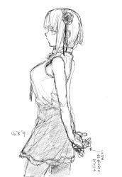 Rule 34 | 1girl, breasts, closed mouth, commentary request, dagashi kashi, flower, greyscale, hair flower, hair ornament, hairband, highres, kotoyama, monochrome, shidare hotaru, short hair, simple background, sketch, skirt, solo, white background