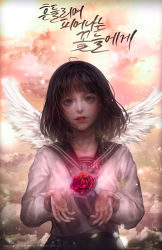 Rule 34 | 1girl, ahoge, artist name, black sailor collar, black skirt, blouse, blue eyes, blunt bangs, brown hair, cloud, commentary request, evening, eyelashes, feathered wings, floating, flower, giving, highres, korean text, lips, long sleeves, looking at viewer, making-of available, orange sky, original, parted lips, pleated skirt, red flower, red lips, red rose, rose, sailor collar, school uniform, serafuku, shal.e, shirt, short hair, skirt, sky, solo, spread wings, sunlight, teeth, translation request, white shirt, white wings, wings