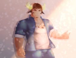 Rule 34 | 1boy, animal ears, bara, brown hair, come hither, cow boy, cow ears, cow horns, cowboy shot, dark-skinned male, dark skin, facial hair, feather necklace, fiery horns, forked eyebrows, gakuran, glowing horns, goatee, highres, horns, male focus, mono (3436234), muscular, muscular male, necklace, official alternate costume, outstretched hand, pectoral cleavage, pectorals, reaching, reaching towards viewer, school uniform, short hair, short sleeves, smile, solo, thick eyebrows, tokyo houkago summoners, wakan tanka