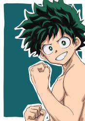 Rule 34 | 1boy, boku no hero academia, border, clenched hand, freckles, green background, green eyes, green hair, highres, looking at viewer, male focus, midoriya izuku, no control, outline, simple background, smile, solo, teeth, topless male, white border, white outline