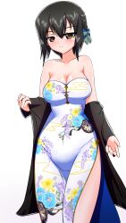 Rule 34 | 1girl, adapted costume, bare shoulders, black eyes, black hair, bob cut, bow, braid, breasts, china dress, chinese clothes, cleavage, closed mouth, cowboy shot, dress, earlobe1514366, floral print, girls und panzer, girls und panzer senshadou daisakusen!, hair bow, half-closed eyes, haori, highres, japanese clothes, kawashima momo, light frown, looking at viewer, medium breasts, off shoulder, official alternate costume, print dress, short hair, side slit, solo, strapless, strapless dress, white dress