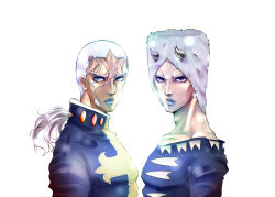Rule 34 | 2boys, brothers, dark-skinned male, dark skin, enrico pucci, fur hat, hat, hazime26, horns, jojo no kimyou na bouken, lipstick, makeup, multiple boys, ponytail, siblings, simple background, weather report, white background, white hair