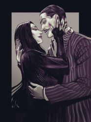 Rule 34 | 1boy, 1girl, addams family, black border, border, dress, facial hair, gomez addams, grey background, hair slicked back, hand on another&#039;s face, highres, hug, jacket, jewelry, long dress, long hair, long sleeves, looking at another, morticia addams, mustache, profile, purple lips, purple nails, ring, shirt, short hair, striped clothes, striped jacket, tobo katsuo, upper body, vertical-striped clothes, vertical-striped jacket, white shirt