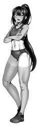 Rule 34 | 1girl, absurdres, blush, breasts, buruma, crossed arms, full body, greyscale, highres, long hair, looking at viewer, monochrome, navel, open mouth, original, ponytail, shoes, simple background, small breasts, sneakers, socks, solo, sports bra, tan, tanline, toin (iitoin), track uniform, white background
