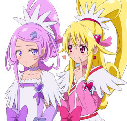 Rule 34 | 2girls, aida mana, arm grab, blonde hair, blush, bow, brooch, choker, cure heart, cure sword, curly hair, detached sleeves, dokidoki! precure, earrings, embarrassed, eye contact, eyelashes, finger to mouth, fingernails, flat chest, hair between eyes, hair ornament, hairpin, heart, heart brooch, heart hair ornament, jewelry, kenzaki makoto, light smile, long fingernails, long hair, looking at another, magical girl, multiple girls, pink bow, pink eyes, pointing, ponytail, precure, purple eyes, purple hair, sidelocks, simple background, smile, spade, spade hair ornament, spoken heart, suzushiro yukari, swept bangs, twintails, upper body, white background